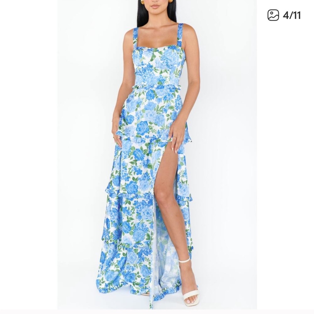 Show Me Your MuMu Lady Corset Blue and White Floral Maxi Dress